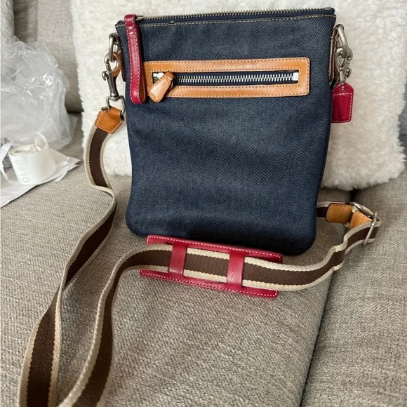 Coach Vintsge Denim Crossbody Bag with Red and Brown Accents - Picture 2 of 4